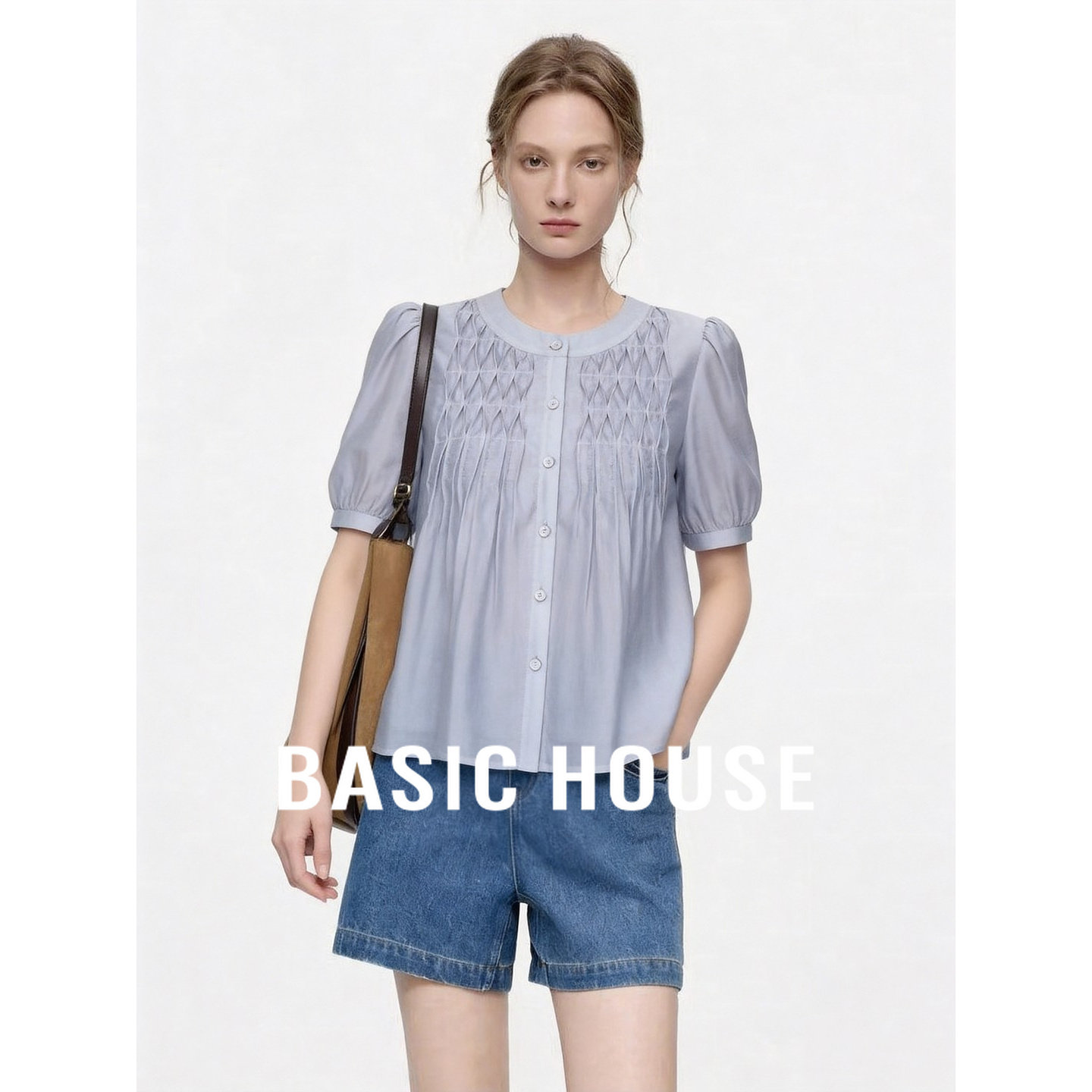 Basic House/百家好莱赛尔短袖衬衫女圆领泡泡袖抽褶宽松上衣法式