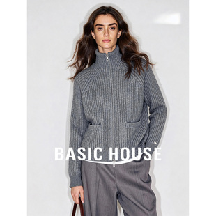 百家好翻领竖条纹短款羊毛衫女秋冬灰色保暖百搭插肩袖双拉链上衣