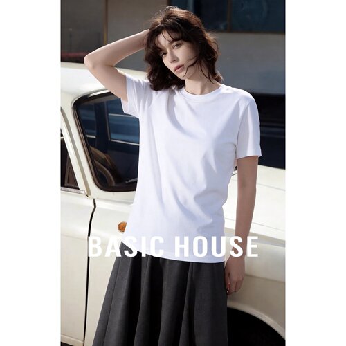 Basic House/百家好休闲风白色短袖T恤女夏宽松显瘦百搭纯棉上衣