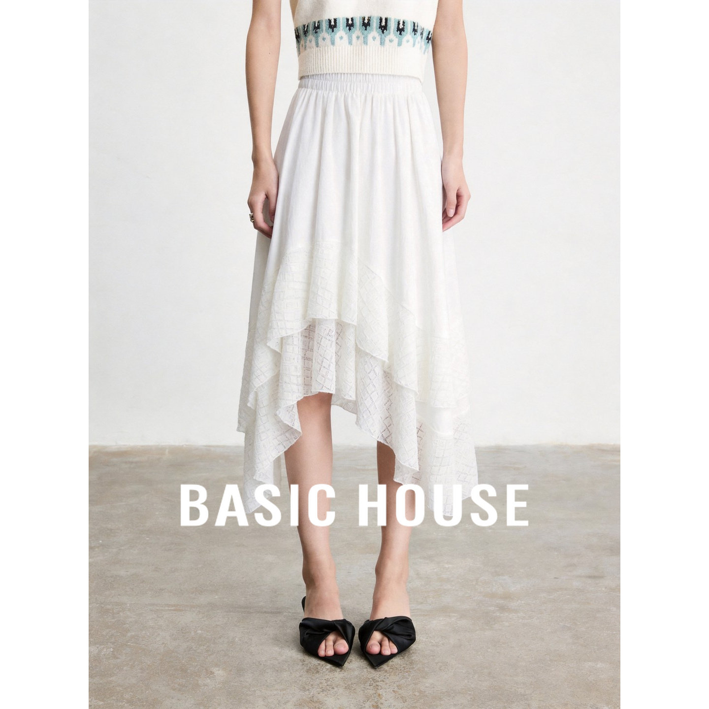 Basic House/百家好白色飘逸蕾丝半身裙女士高腰显瘦A字长裙夏季