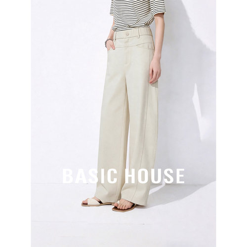 Basic House/百家好2026新款简约风高腰纯色休闲裤宽松阔腿长裤女