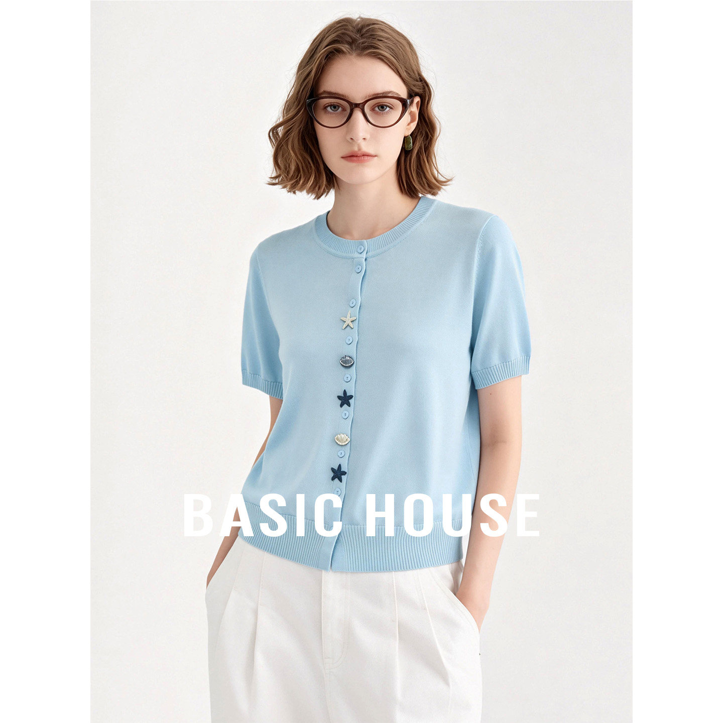 Basic House/百家好莱赛尔短袖针织开衫女海星贝壳纽扣显瘦上衣夏