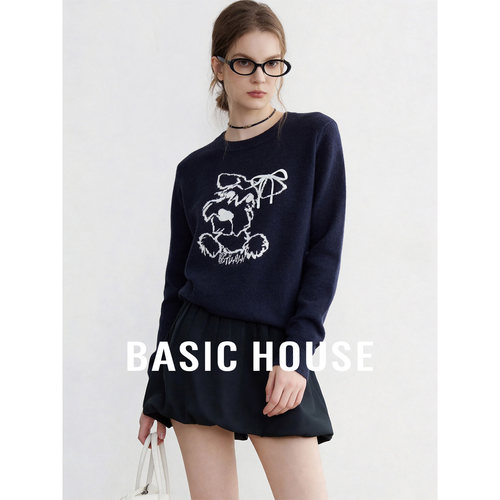 Basic House/百家好2026春季新款圆领撞色小狗刺绣宽松显瘦针织衫