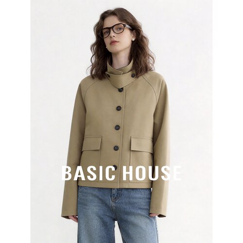 Basic House/百家好工装立领短款外套女卡其色双排扣宽松百搭夹克