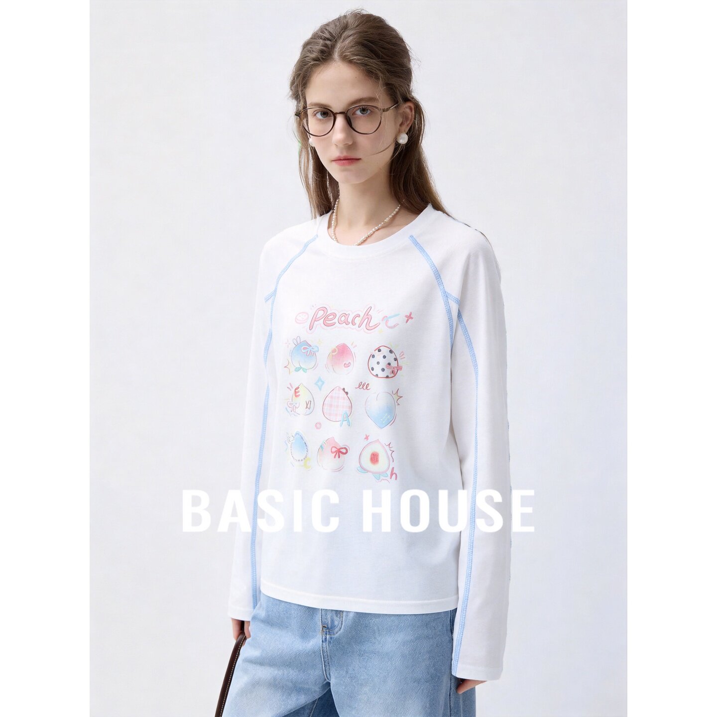 Basic House/百家好莱赛尔长袖T恤女秋圆领宽松印花卡通韩版白色