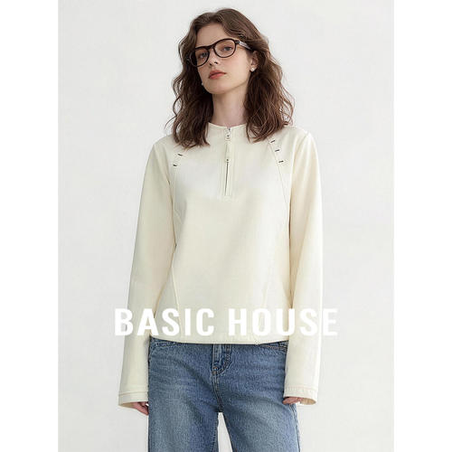 Basic House/百家好米白色简约长袖T恤女秋款新款宽松打底衫上衣