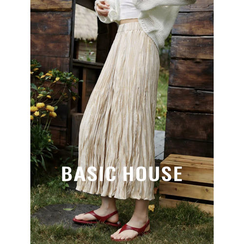 Basic House/百家好轻熟风褶皱半身裙女A字显瘦中长裙千金穿搭