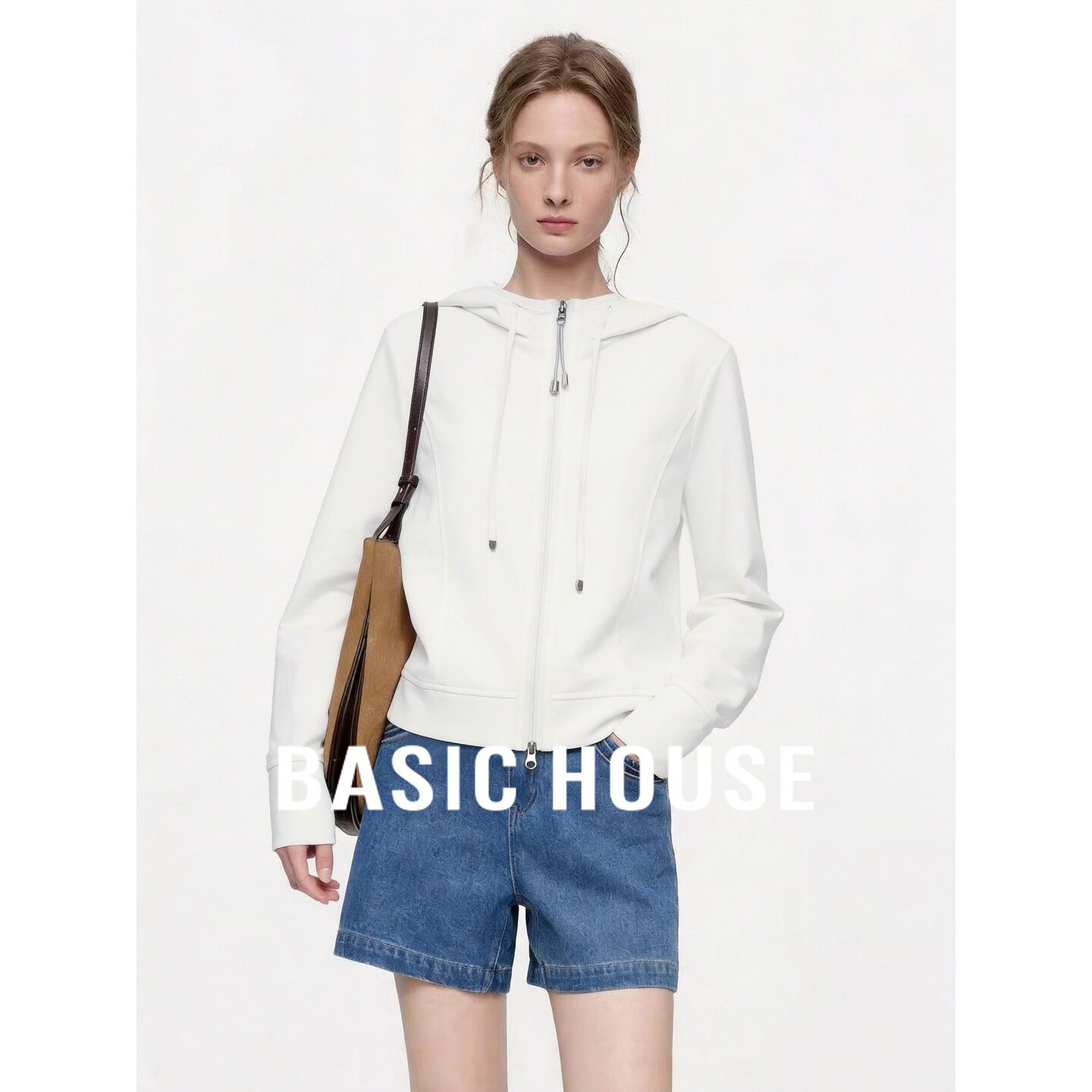 Basic House/百家好休闲白色连帽拉链卫衣女百搭开衫外套秋季新款
