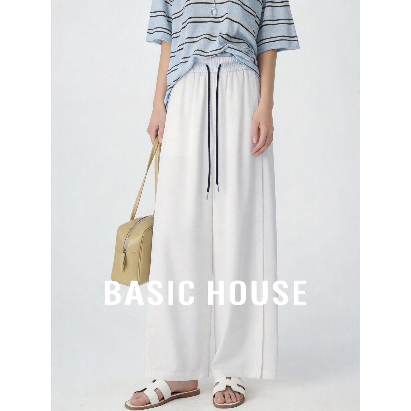 Basic House/百家好白色抽绳阔腿裤女夏宽松莱赛尔亚麻显瘦休闲裤
