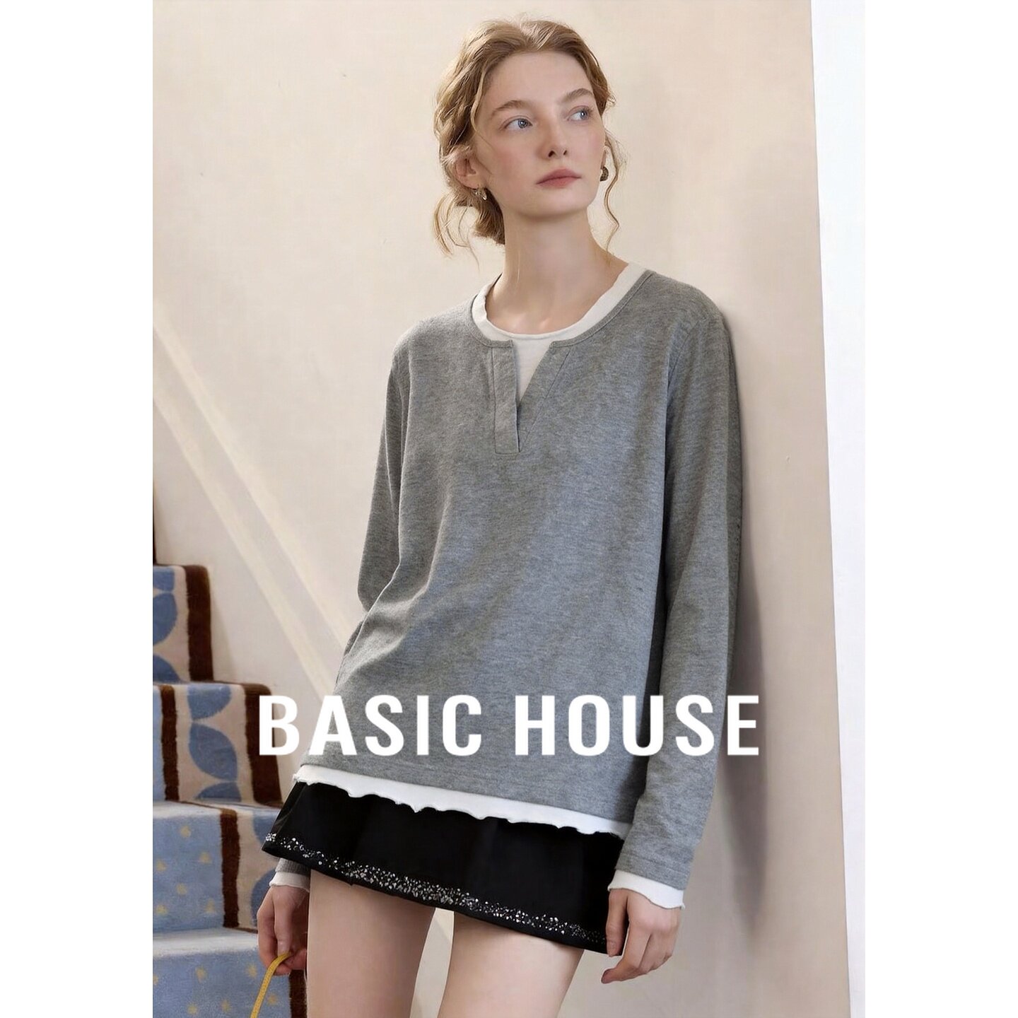 Basic House/百家好2026秋灰色拼接亨利领假两件宽松长袖休闲T恤