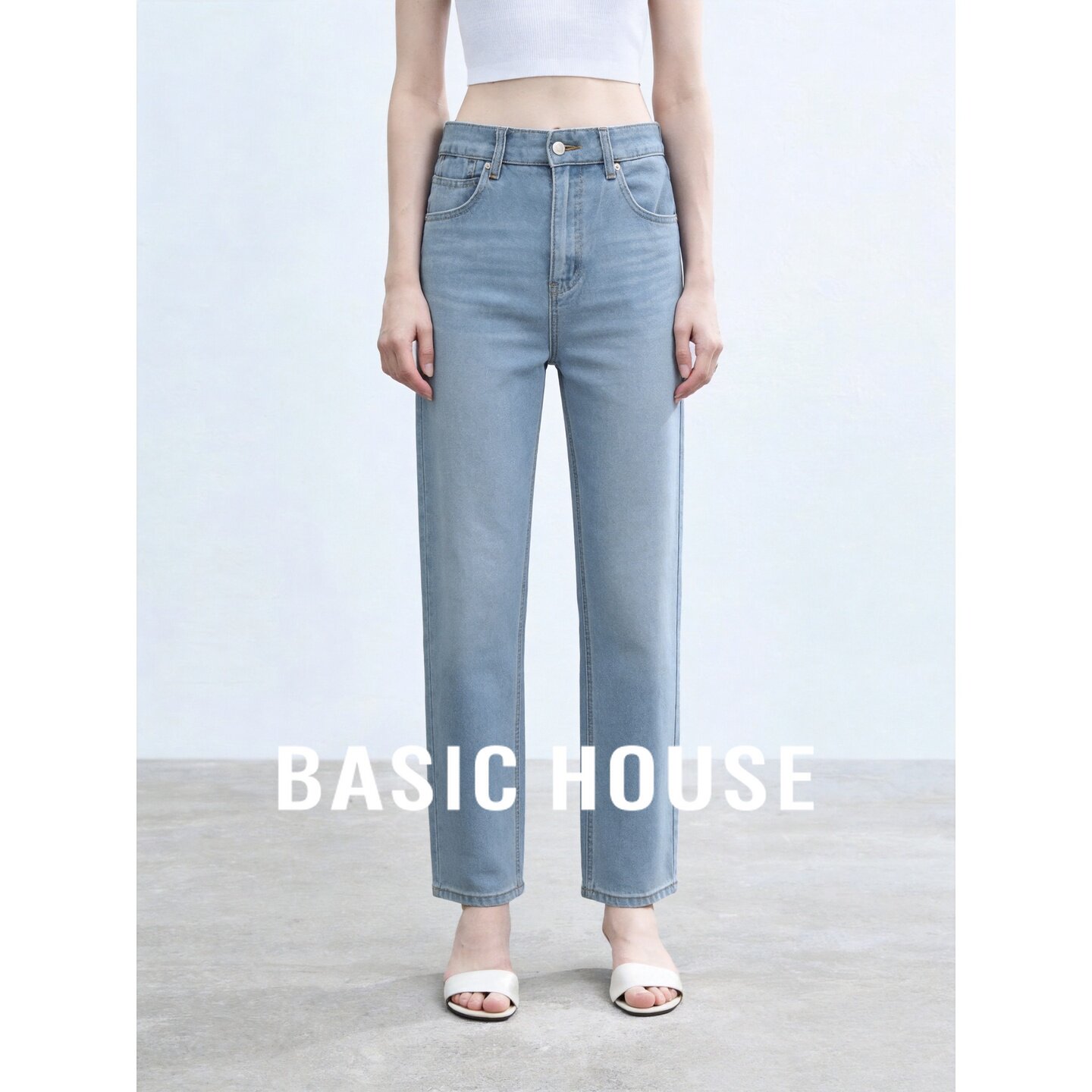 Basic House/百家好蓝色纯棉高腰牛仔裤女显瘦百搭微弹修身休闲裤