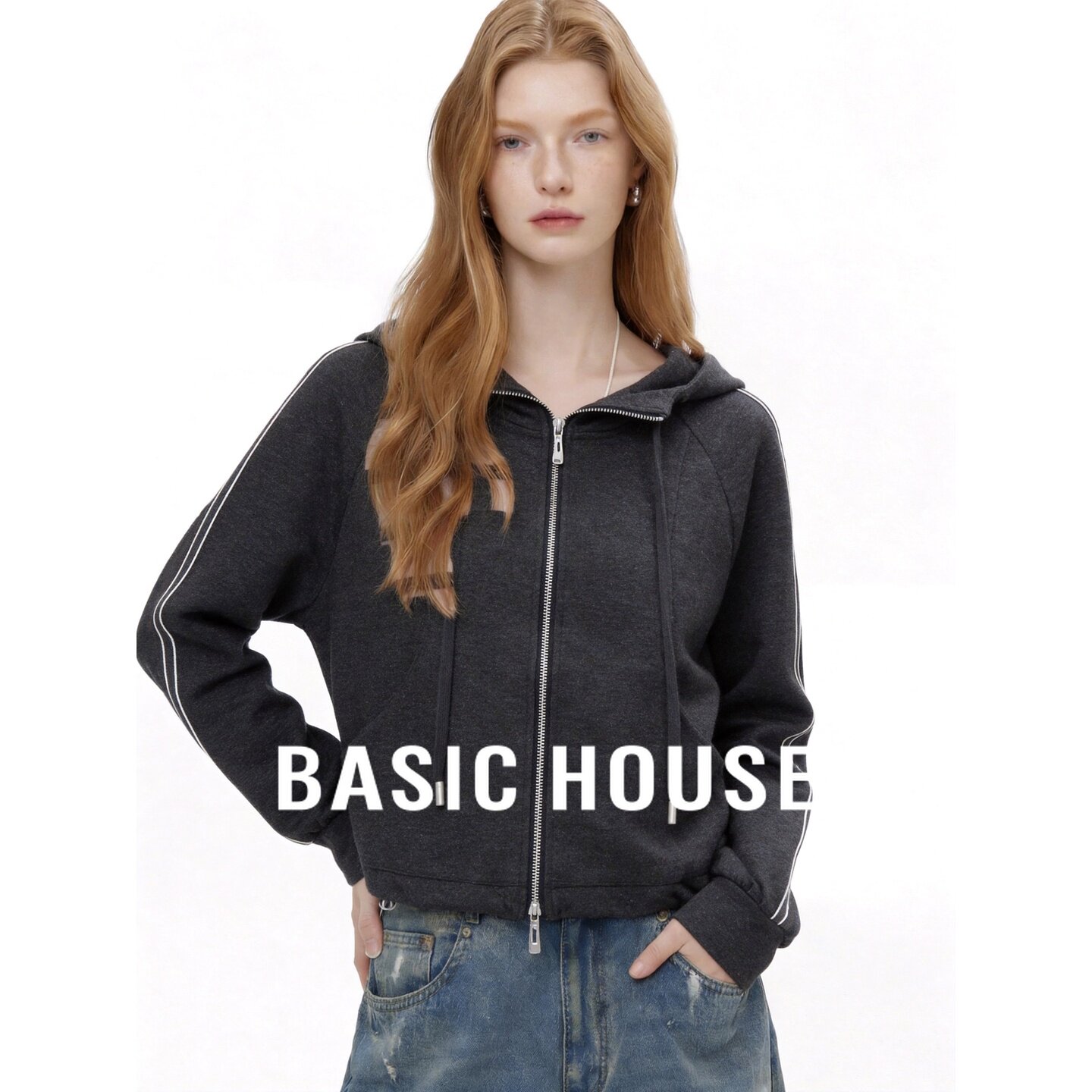 Basic House/百家好韩系连帽拉链卫衣女短款灰色百搭休闲舒适上衣