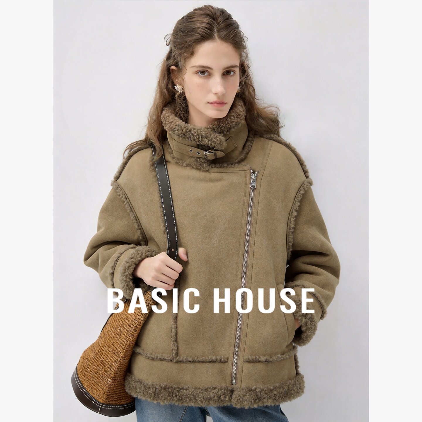 Basic House/百家好复古毛领仿麂皮绒短外套皮毛一体加厚保暖外套