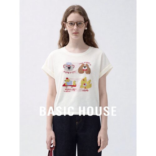 Basic House/百家好韩系小狗印花针织衫女短袖圆领宽松上衣休闲风