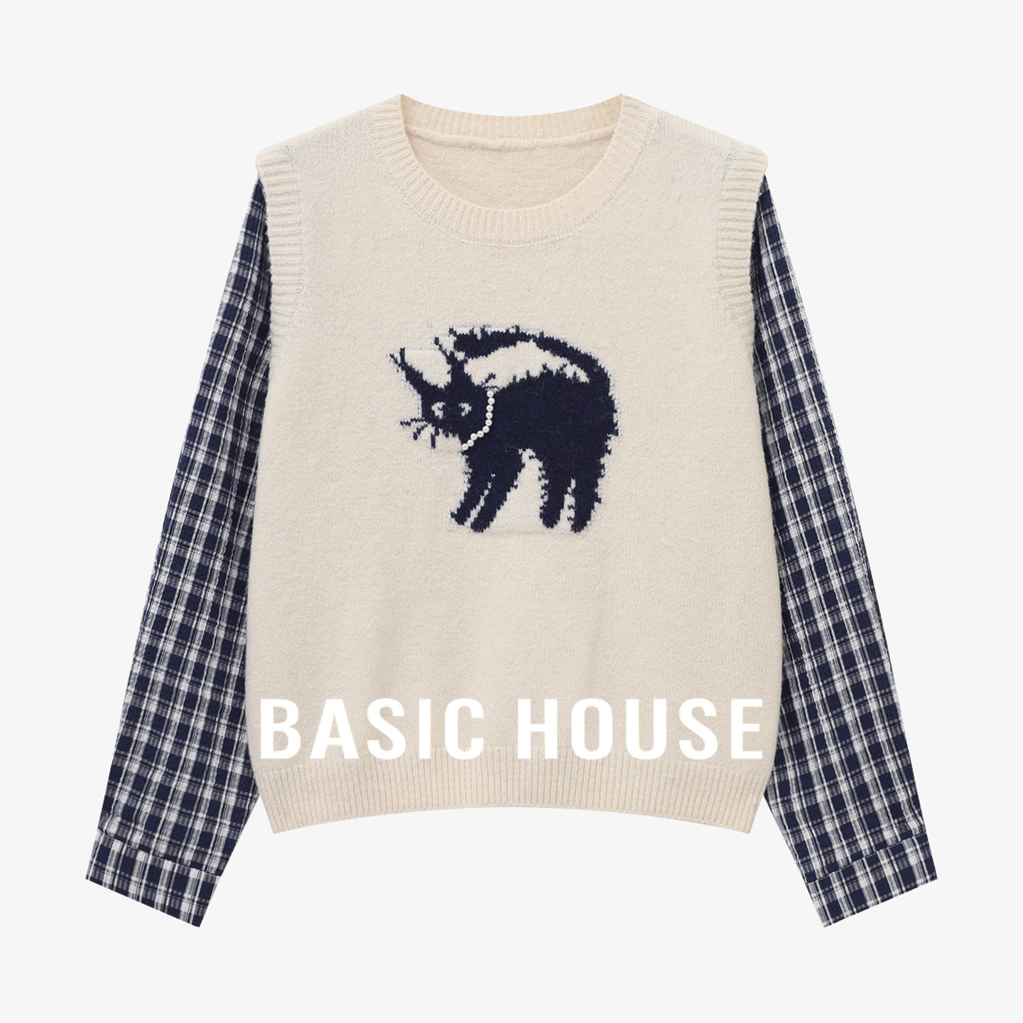 Basic House/百家好假两件格子拼接毛衣提花圆领撞色套头长袖上衣