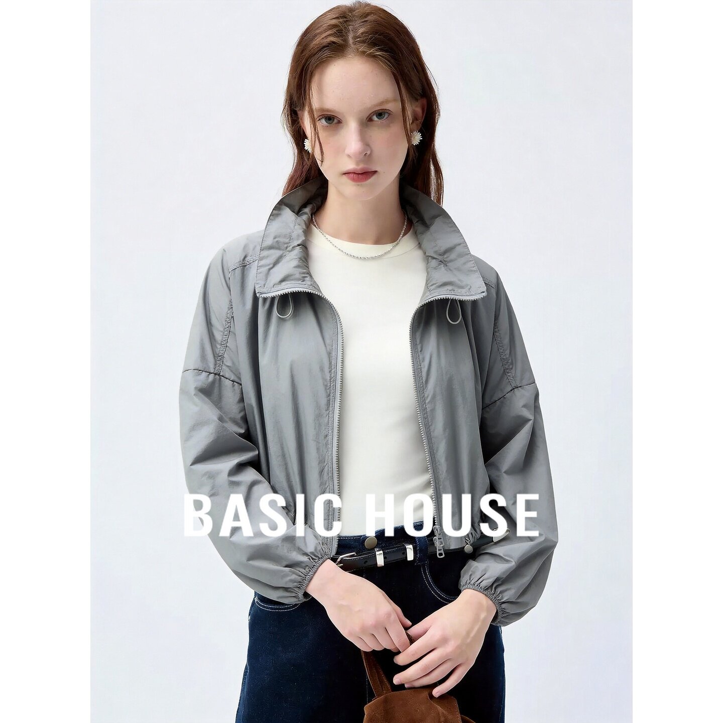 Basic House/百家好极简风立领拉链短外套女秋轻薄灰色休闲防晒衣