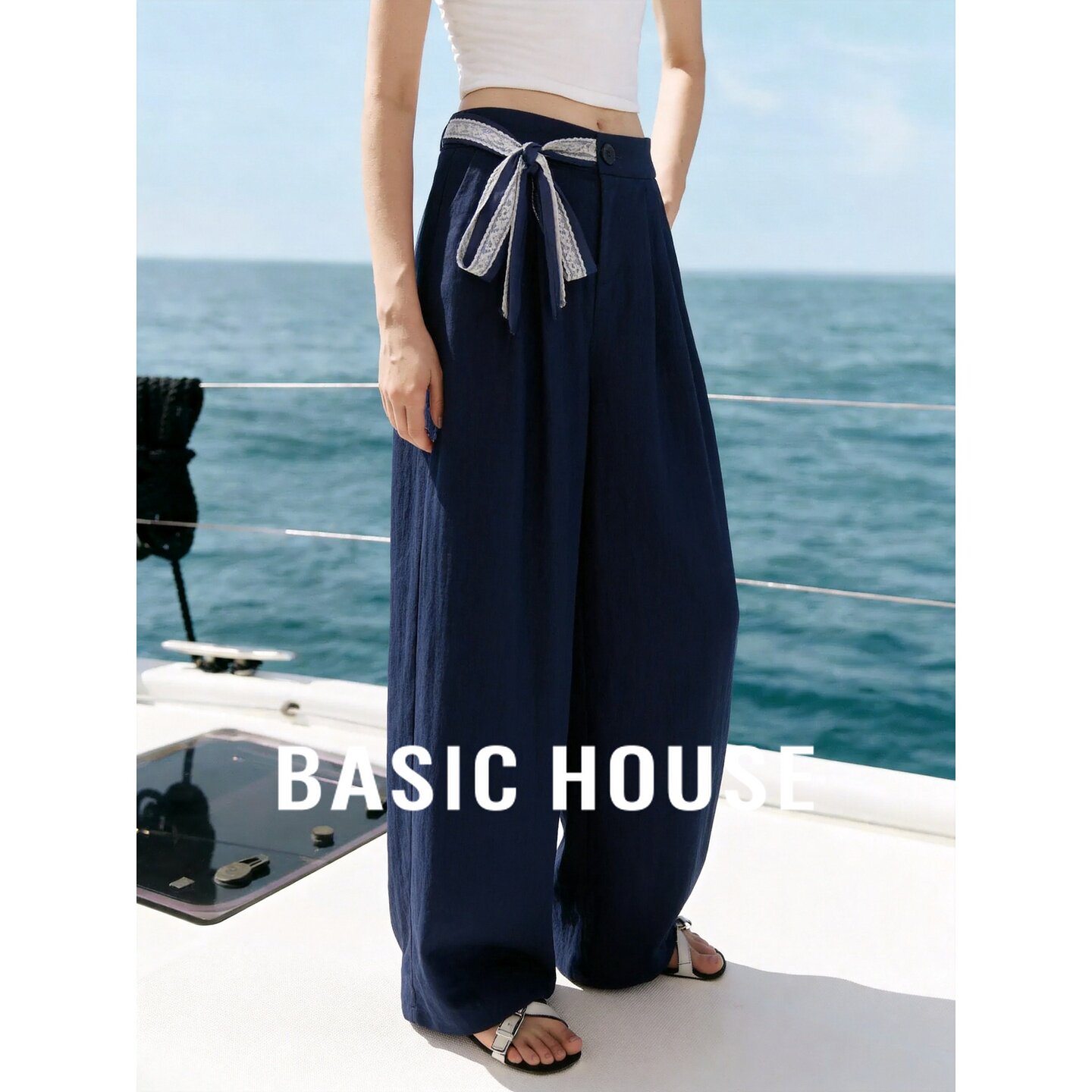 Basic House/百家好蕾丝系带高腰直筒休闲裤简约时髦拼接阔腿长裤
