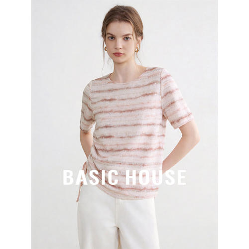 Basic House/百家好粉色圆领亮钻设计感T恤女夏季超好看宽松上衣