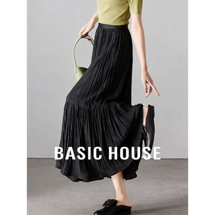 A字蛋糕裙 百家好黑色褶皱刺绣设计半身裙女高腰长款 Basic House