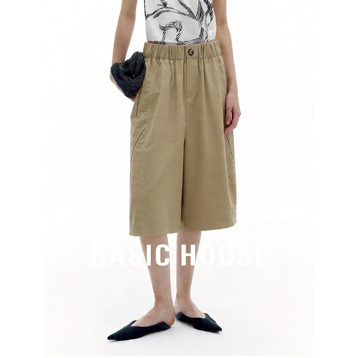 Basic House/百家好卡其色高腰简约直筒七分裤女百搭透气休闲裤
