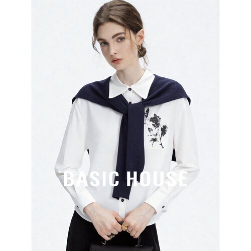 Basic House/百家好韩系polo领披肩印花长袖衬衫女设计感亚麻上衣