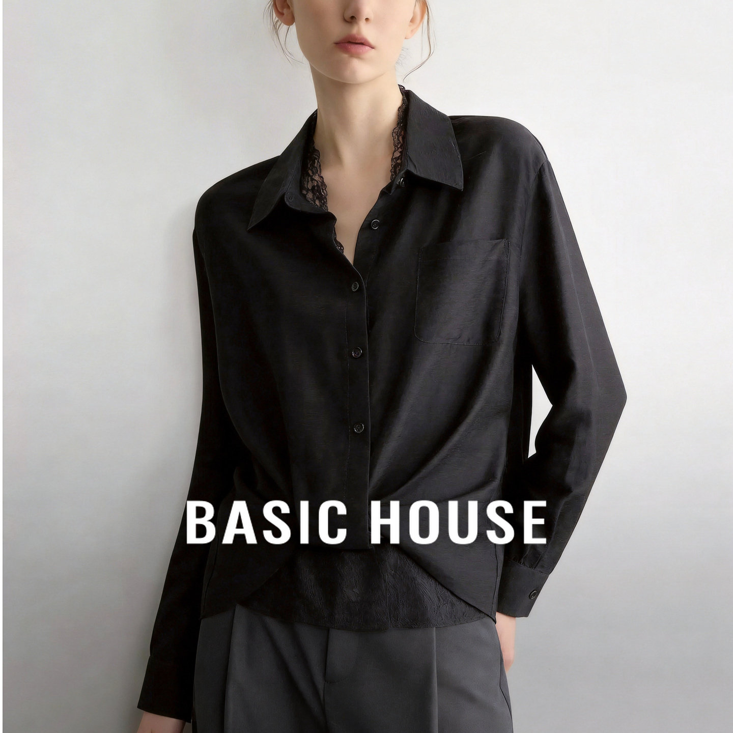 Basic House/百家好秋季新款女士蕾丝拼接宽松显瘦气质长袖上衣