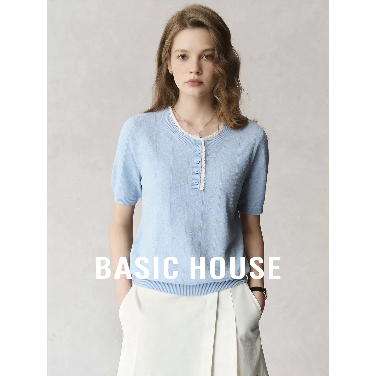 Basic House/百家好蓝色蕾丝花边领短袖针织衫女26夏季肌理感上衣