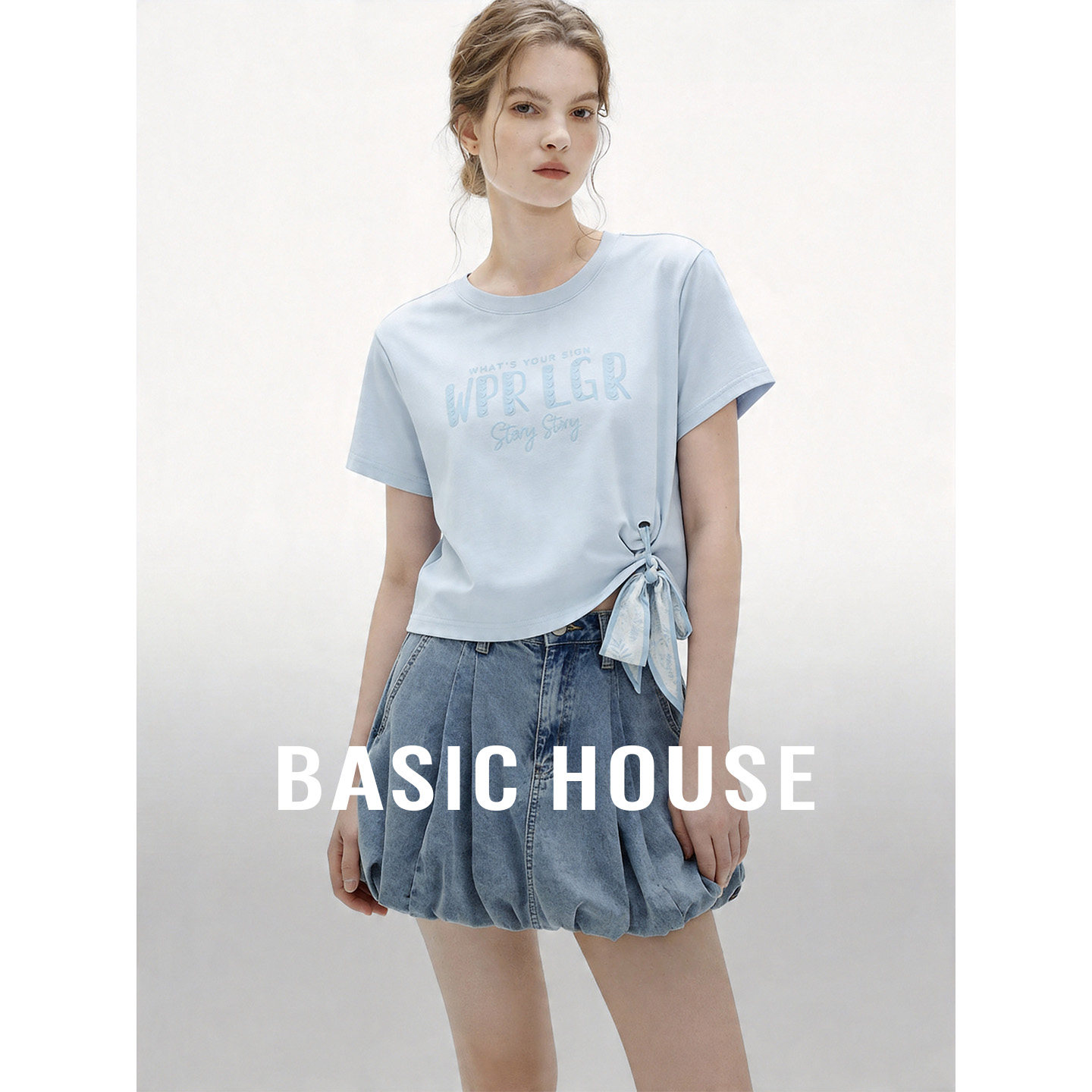 Basic House/百家好圆领系带下摆短袖T恤女夏季短款套头内搭上衣