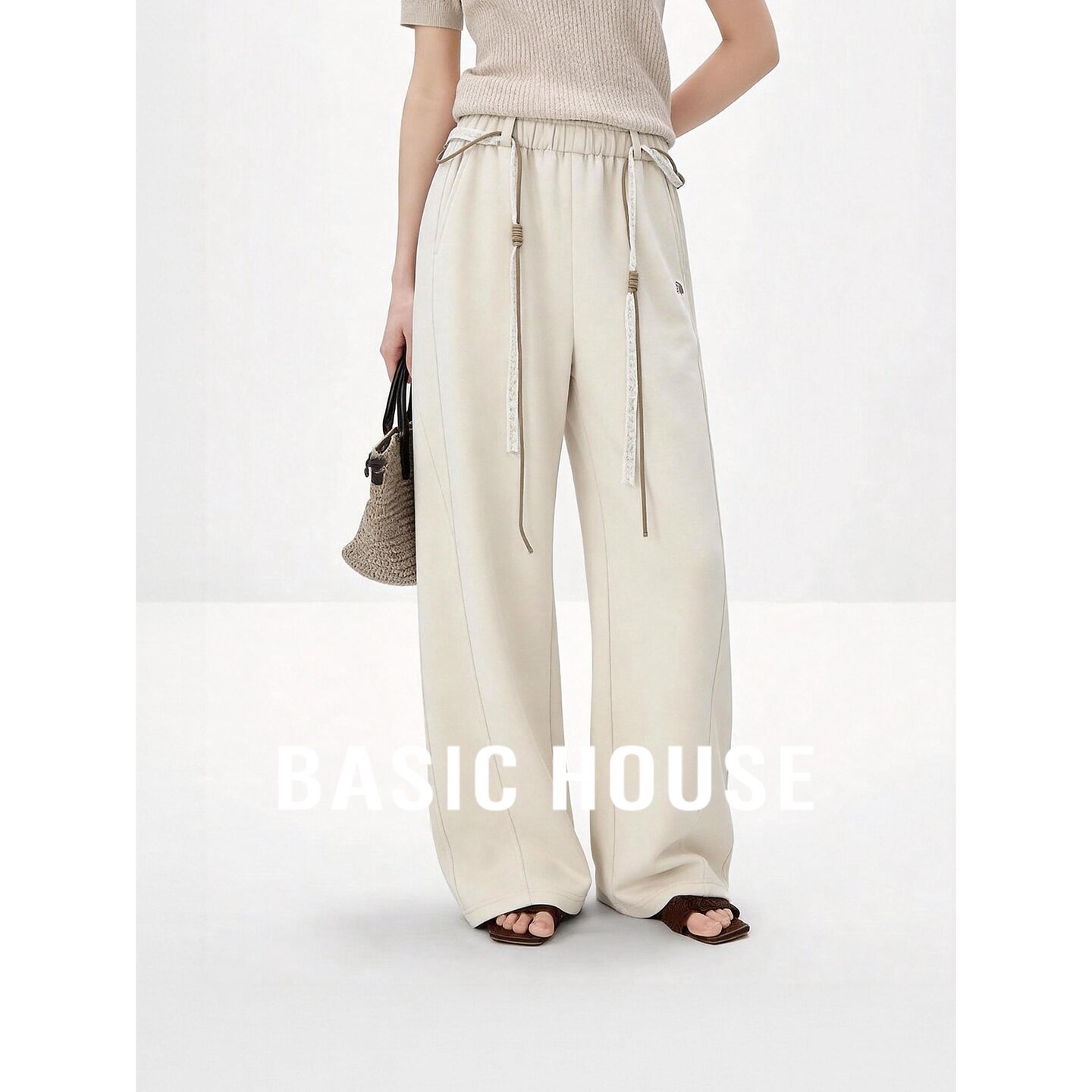 Basic House/百家好极简风高腰阔腿裤女米色松弛感垂感休闲裤慵懒