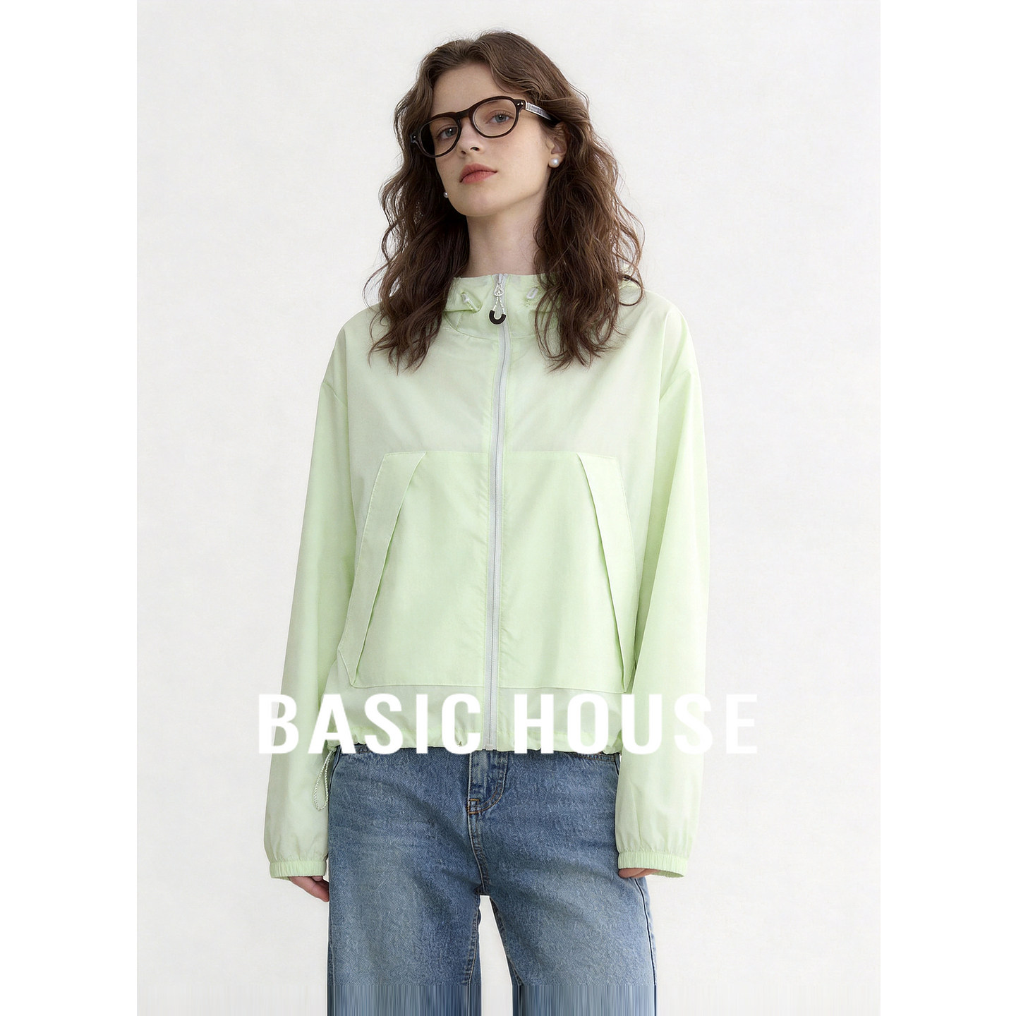 Basic House/百家好连帽多巴胺绿色防晒服外套女夏小个子轻薄上衣