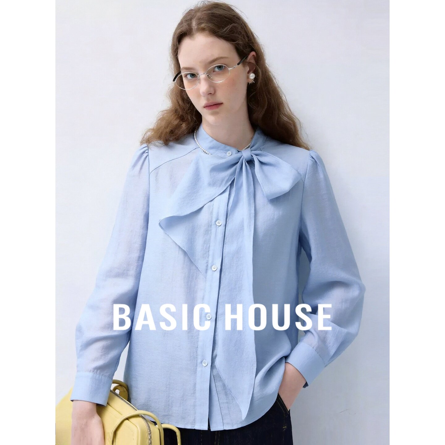 Basic House/百家好2026秋季蓝色系带领蝴蝶结宽松优雅长袖衬衫女