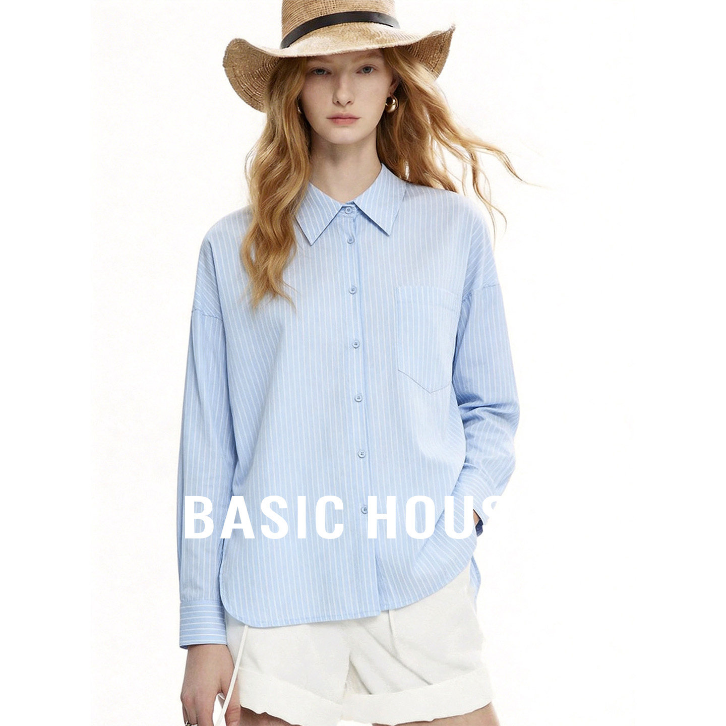 Basic House/百家好蓝白条纹设计感衬衫女夏季新款超好看百搭上衣