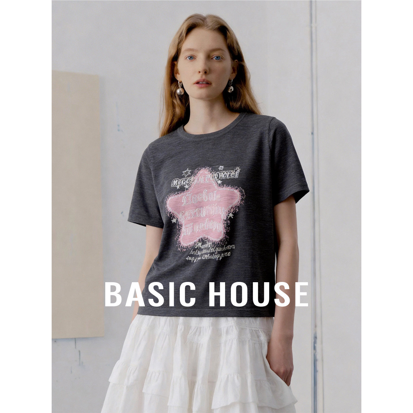 Basic House/百家好圆领星星印花设计感针织衫女夏季透气套头上衣