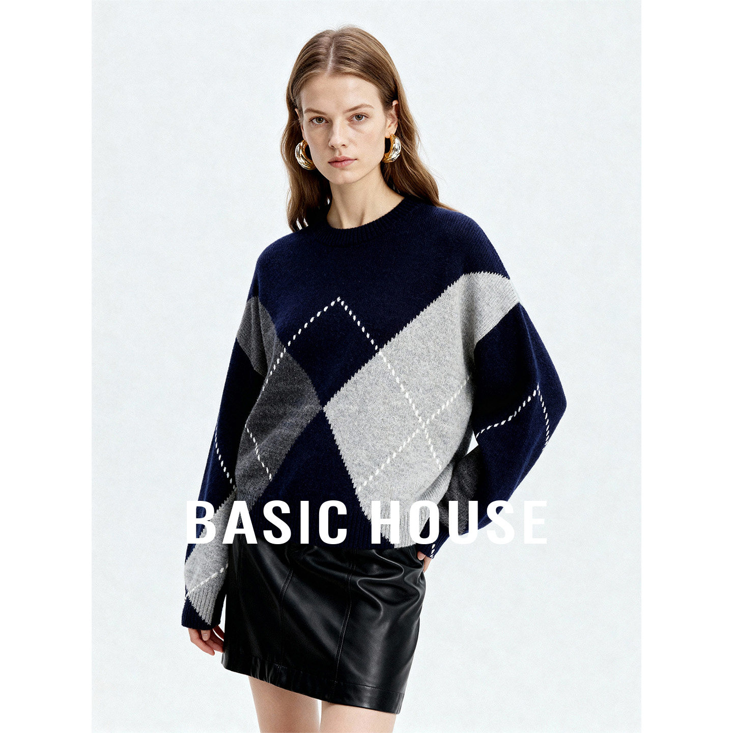 Basic House/百家好2026菱形格纹百搭保暖毛衣女圆领百搭内搭上衣,女装/女士精品,羊绒衫,淘宝优惠券,粉丝福利购,淘宝优惠卷