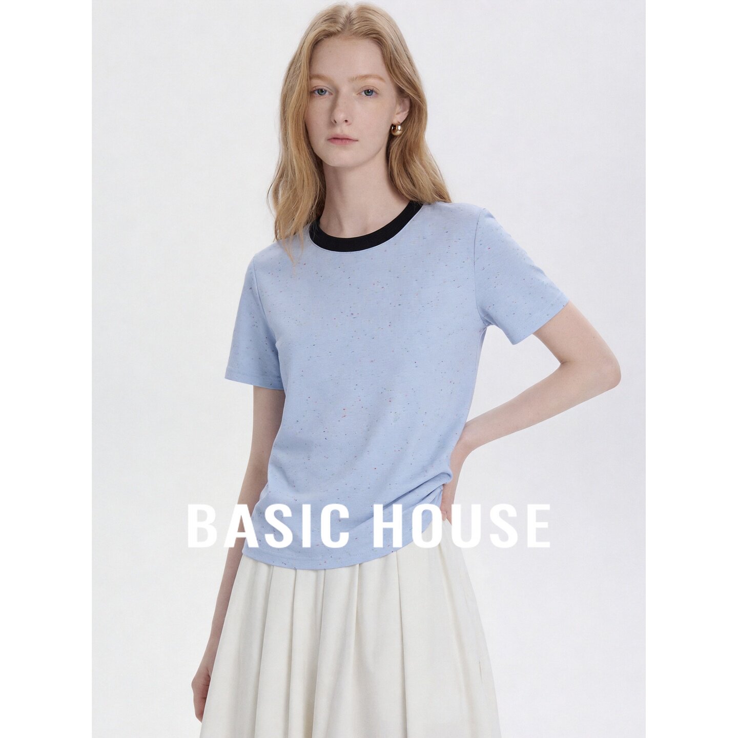 Basic House/百家好波点撞色圆领短袖T恤女夏蓝色极简风正肩上衣