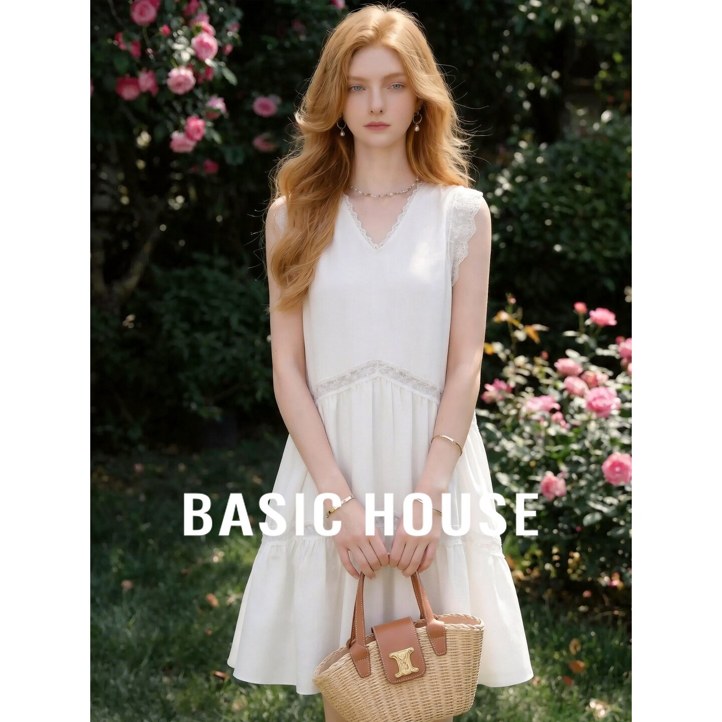 Basic House/百家好莱赛尔气质无袖拼接蕾丝连衣裙白色时尚A字裙