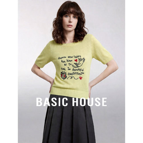 Basic House/百家好字母刺绣短款针织衫女夏季新款透气减龄上衣