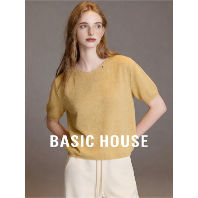 Basic House/百家好老钱风纯色短袖宽松显瘦针织衫绵羊毛圆领上衣