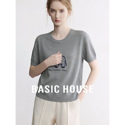 Basic House/百家好老钱风灰色圆领针织衫女夏季小象图案高级感