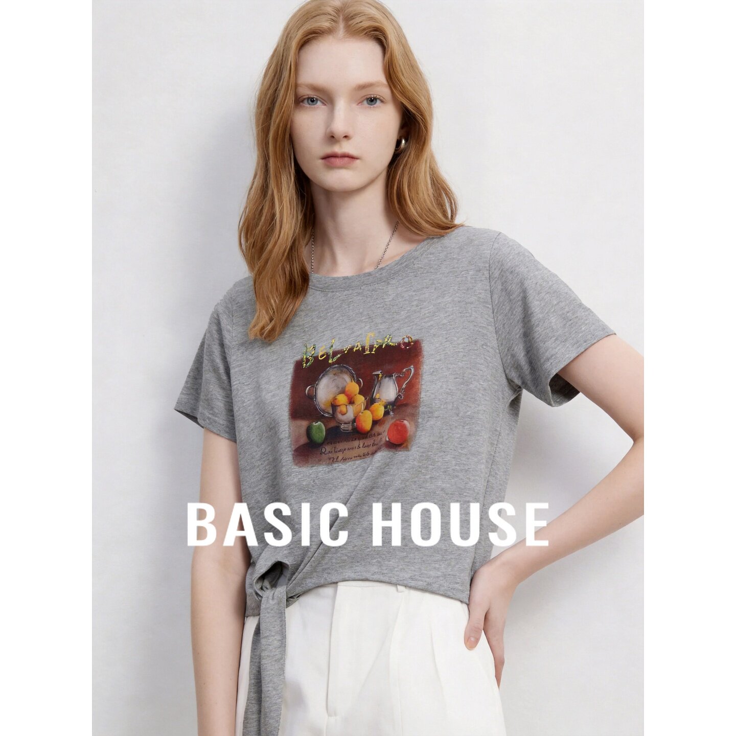 Basic House/百家好灰色绑带印花短袖T恤女夏季百搭显瘦休闲上衣