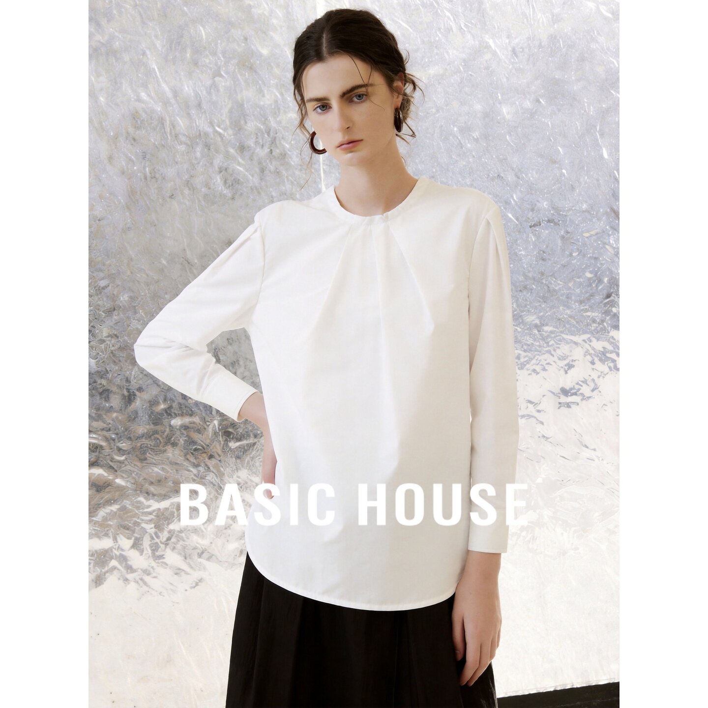 Basic House/百家好轻熟风圆领长袖衬衫女松弛感棉质基础款上衣