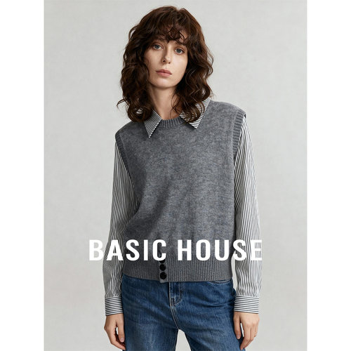 Basic House/百家好衬衫领假两件保暖毛衣内搭女早春新款简约上衣
