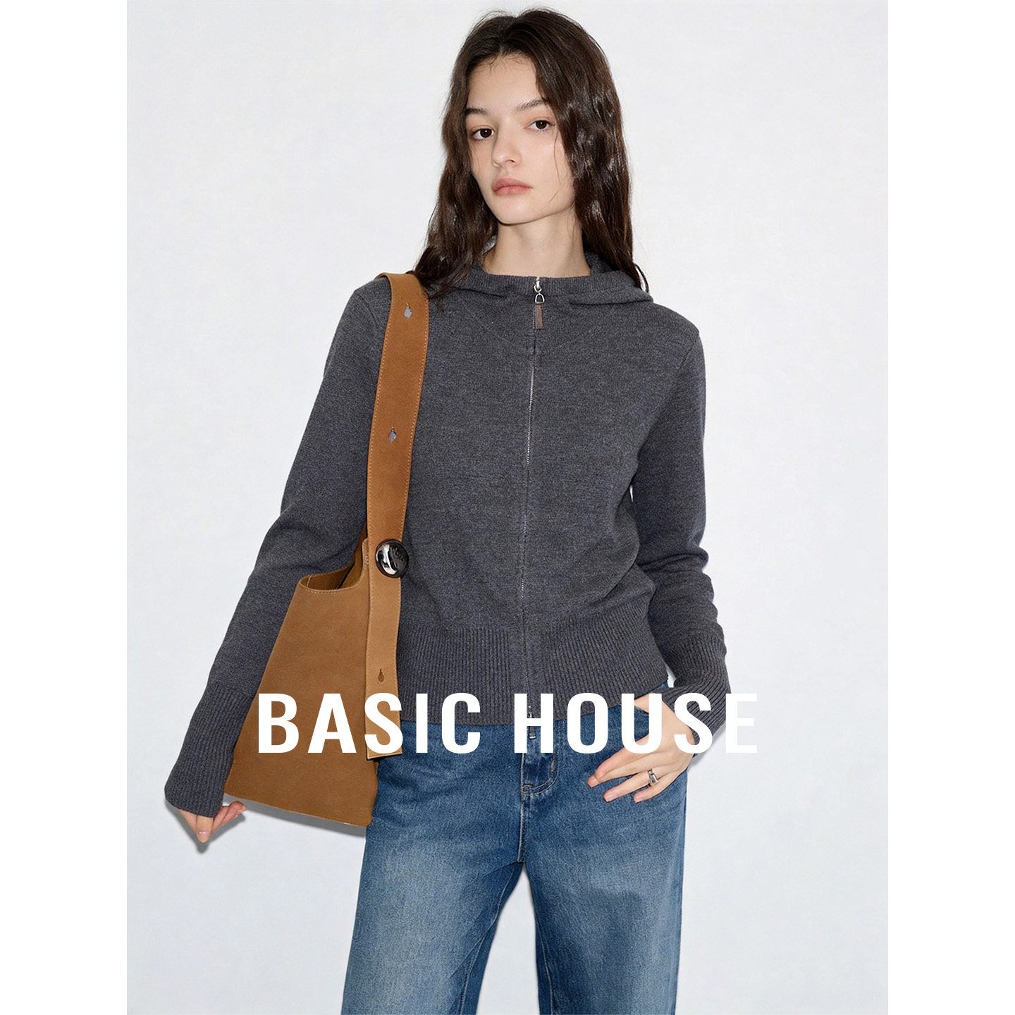 Basic House/百家好灰色连帽拉链针织开衫女26夏季老钱风百搭外套