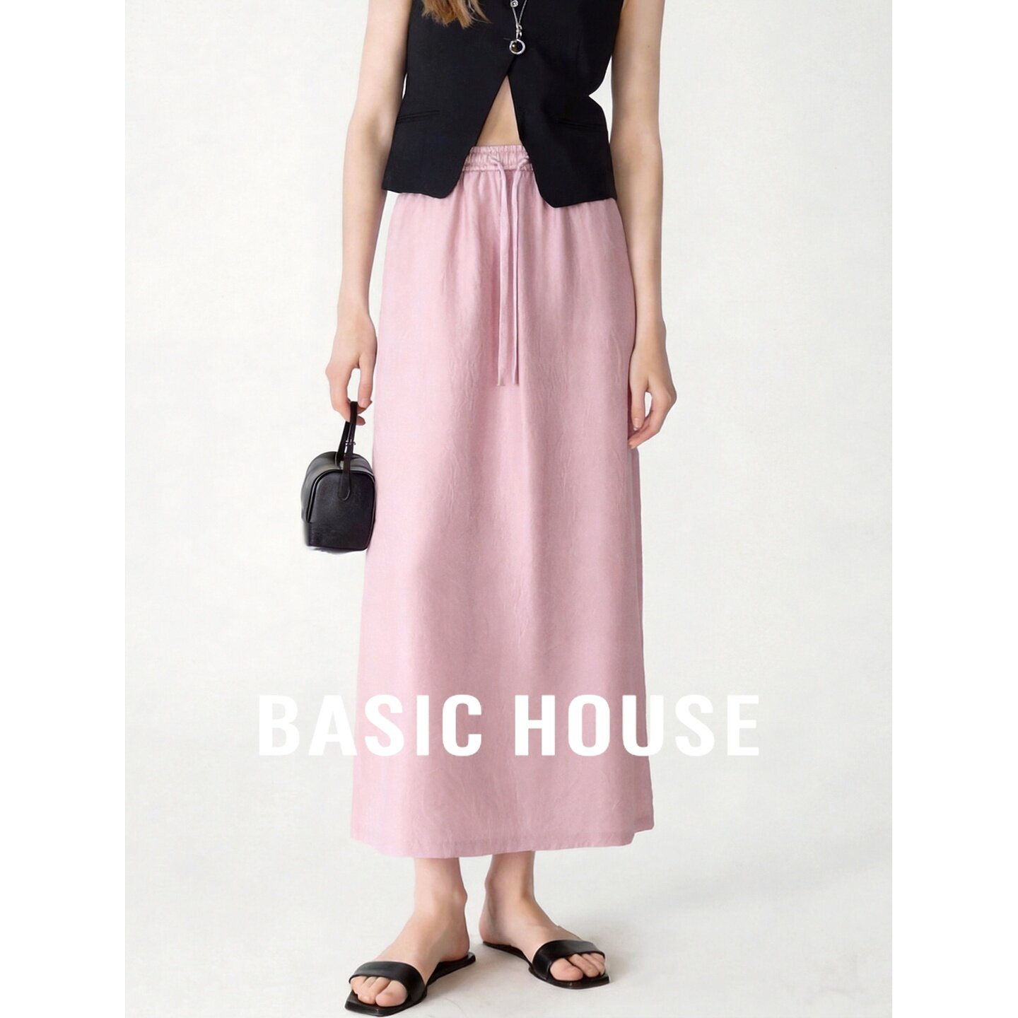 Basic House/百家好粉色高腰A字半身裙直筒抽绳腰头极简韩版女夏