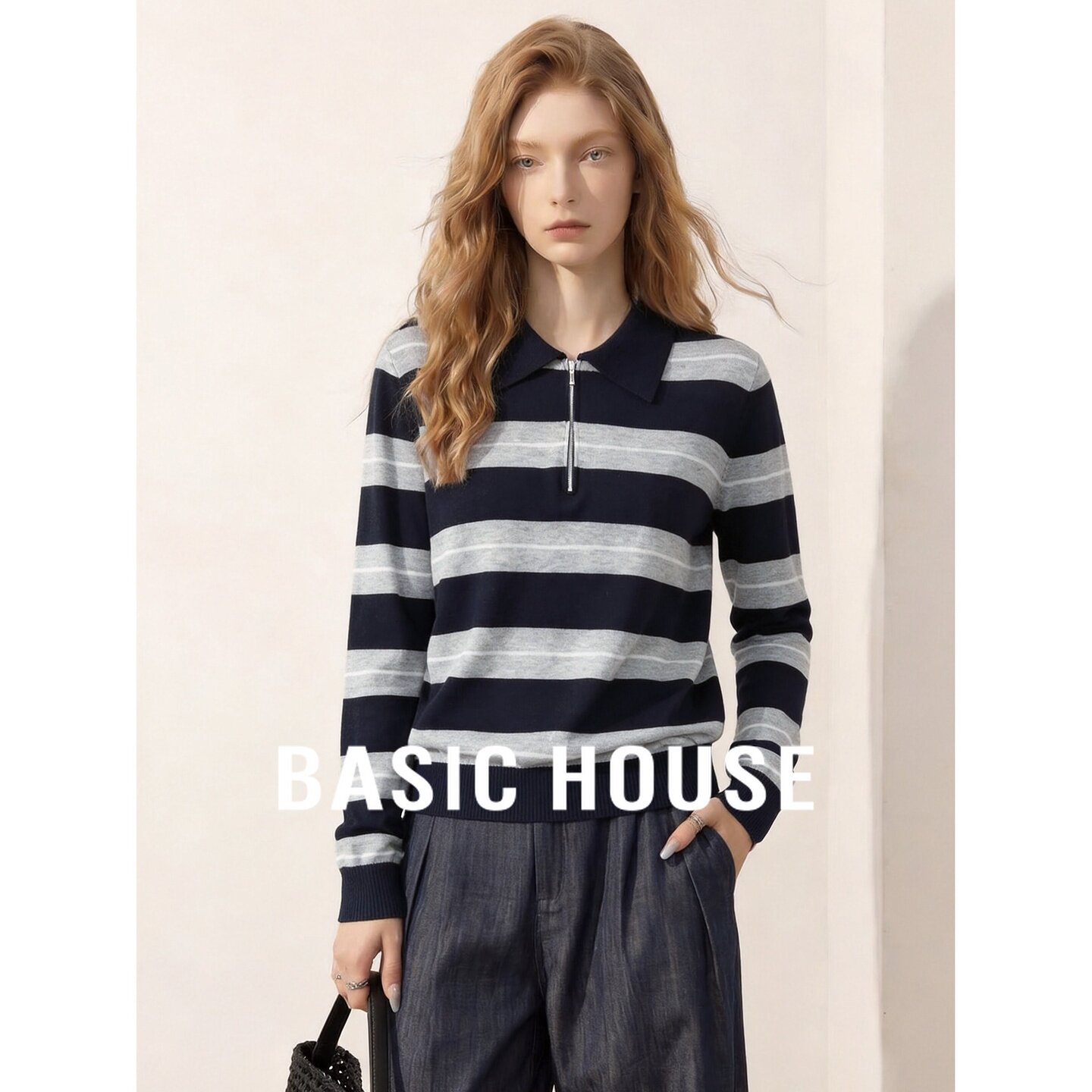 Basic House/百家好复古条纹polo领针织衫女秋长袖显瘦学院风毛衣