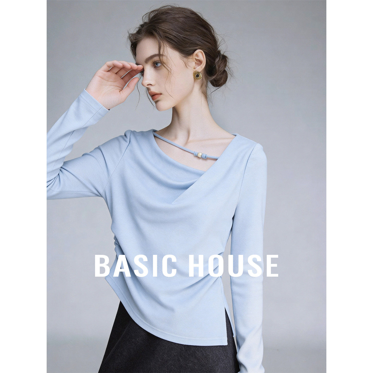 Basic House/百家好2026春季新款气质蓝色T恤女串珠修身长袖上衣
