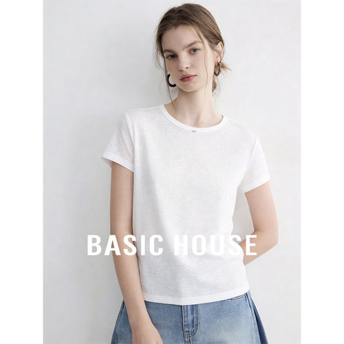 Basic House/百家好苎麻纯色圆领T恤夏季透气百搭短袖打底上衣女