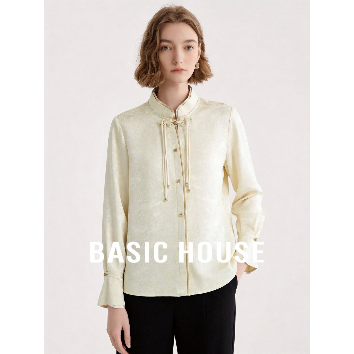 Basic House/百家好2026秋季米色立领印花提花直筒韩式长袖女衬衫
