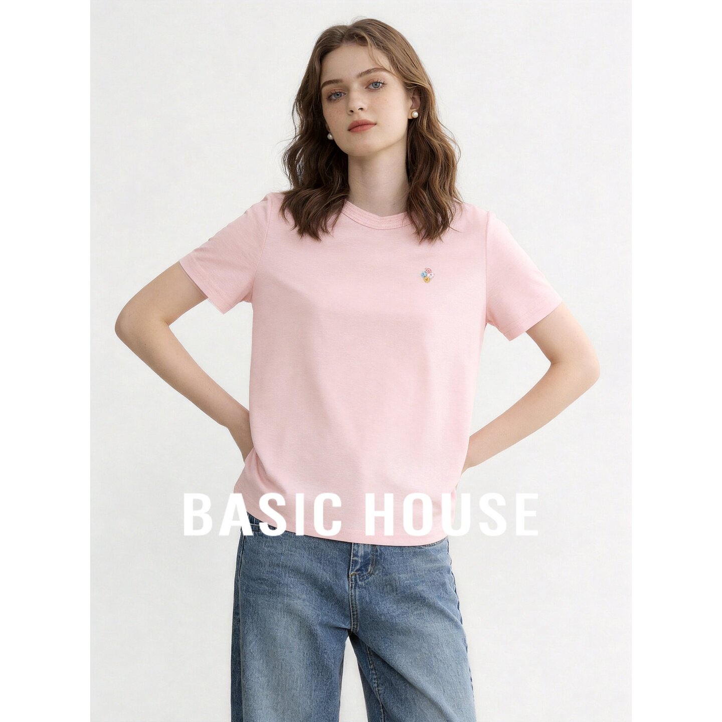 Basic House/百家好粉色温柔减龄短袖T恤女2026夏季纯色透气上衣