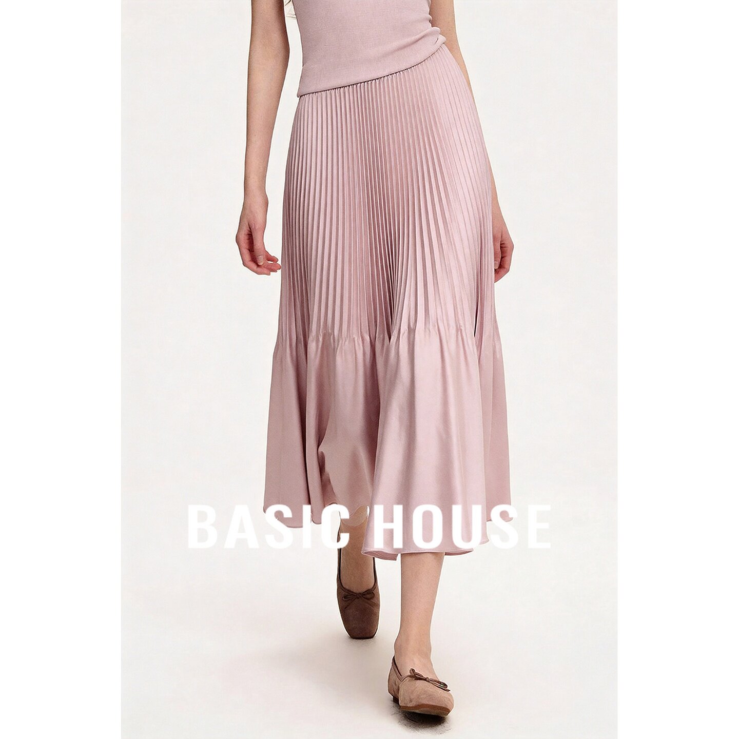 Basic House/百家好粉色温柔风高腰百褶裙女夏季百搭透气中长裙